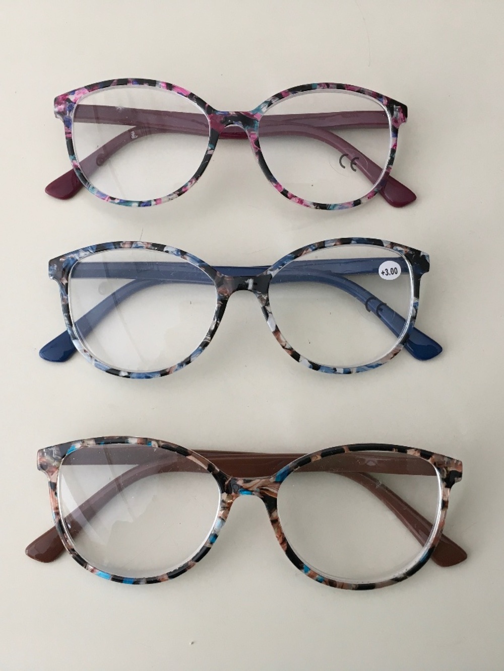 Three pairs of +3 strength glasses
